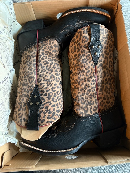 Ariat Shoes - Ariat Leopard Print Western Cowgirl Boots - Black & Brown and red. New in box